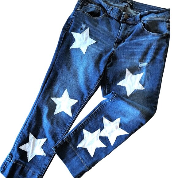 Upcycled Patchwork Jeans 1822, Size 10: Reworked Cropped Ankle Pants White Stars - Picture 1 of 13